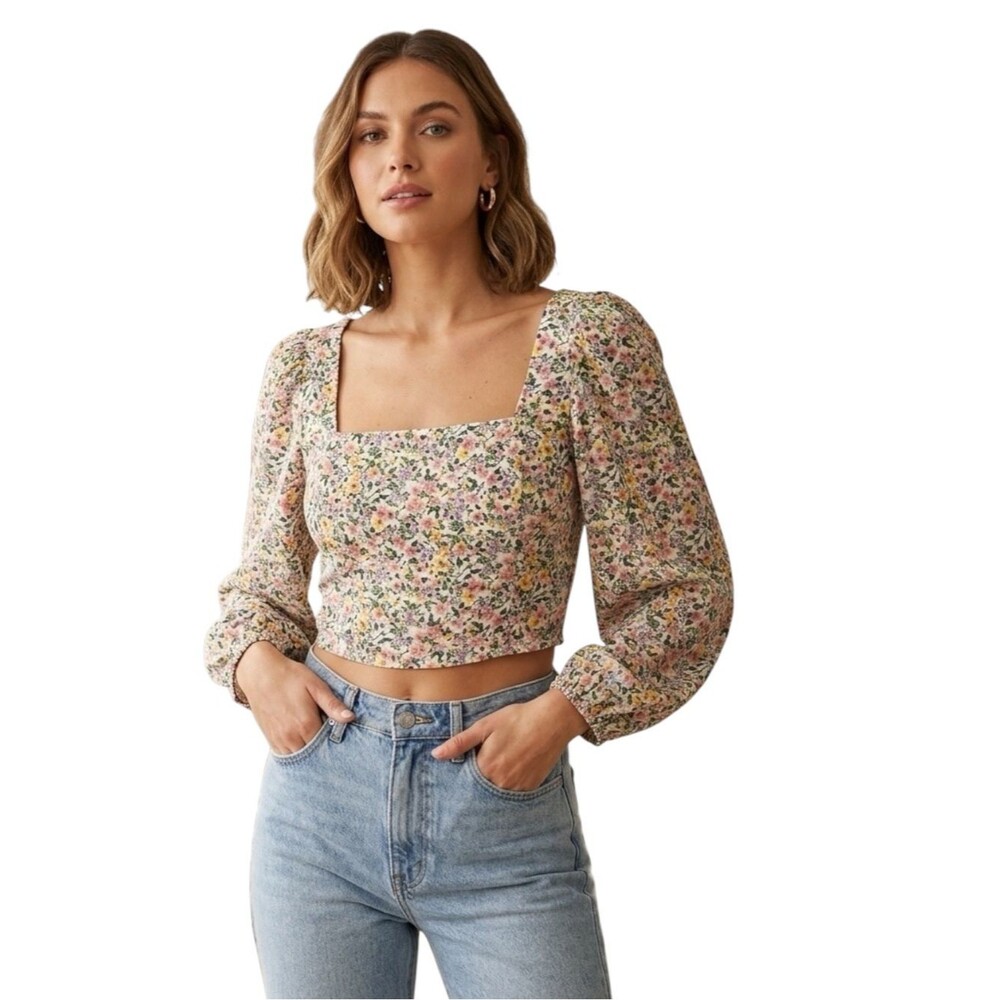 LuLus Floral Square Neck Long Sleeve Crop Top